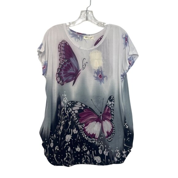 Ace Fashion Butterfly Print Short Sleeve Shirt Top Womens Small Gray Pink New - Picture 1 of 9